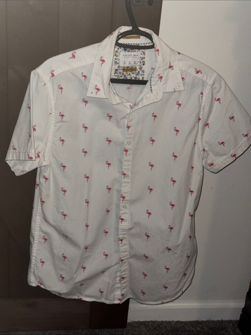White Short-Sleeve Button-Down Shirt with Pink Flamingo Print